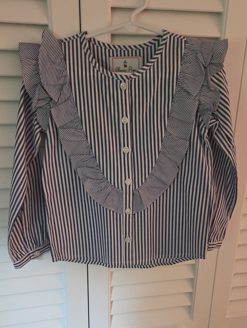 Classic Prep Navy and White Striped Ruffle Front Blouse